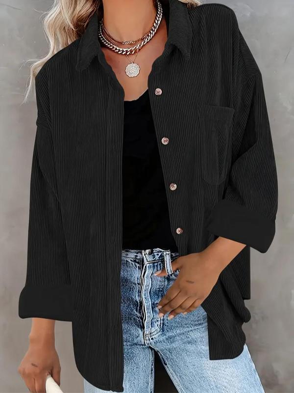 Anne-Loose Fit Button-Front Corduroy Shirt with Pockets