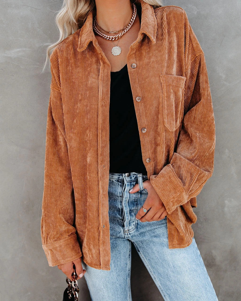 Anne-Loose Fit Button-Front Corduroy Shirt with Pockets