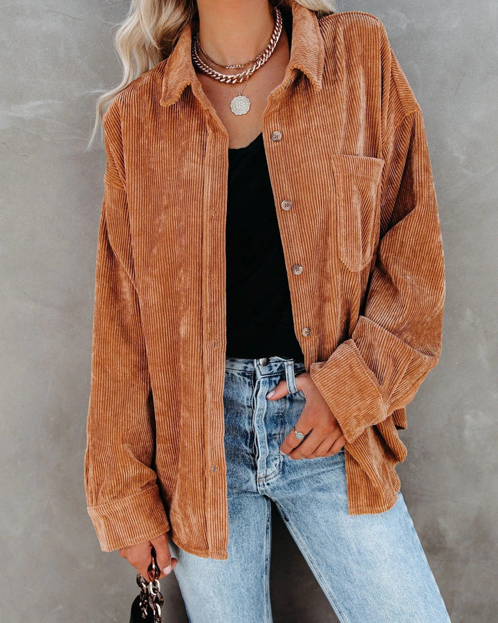 Anne-Loose Fit Button-Front Corduroy Shirt with Pockets