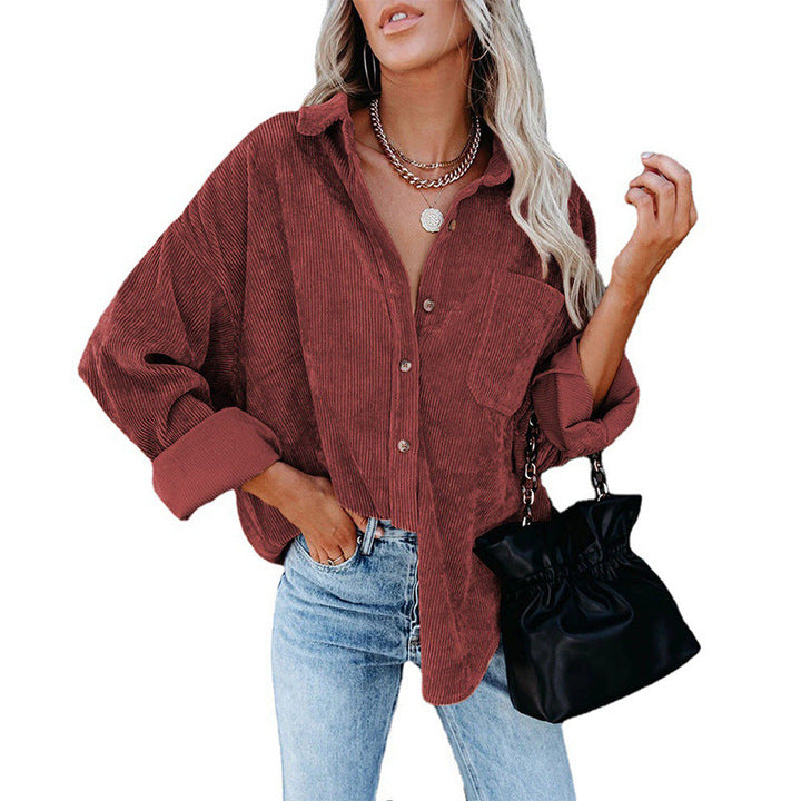 Anne-Loose Fit Button-Front Corduroy Shirt with Pockets