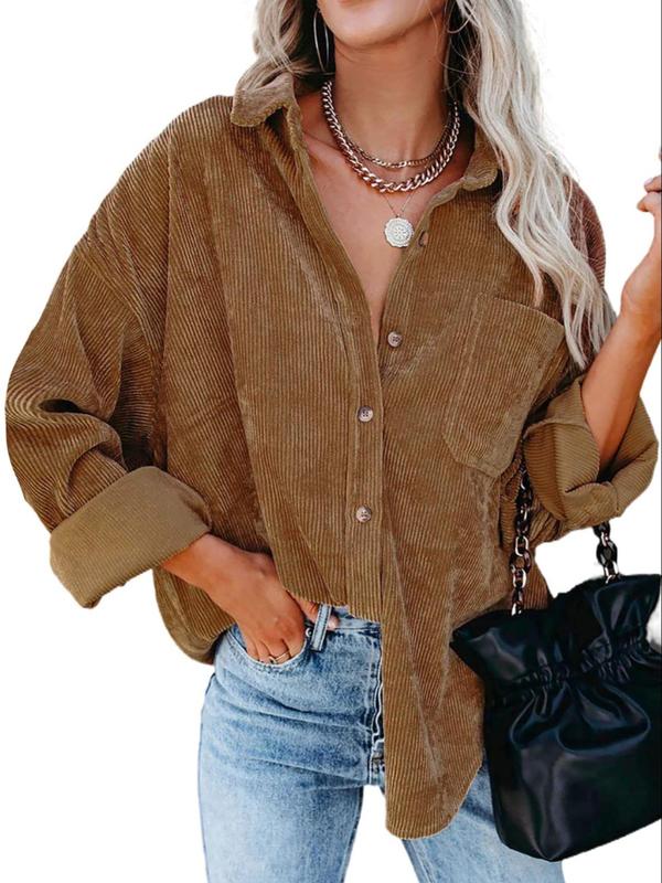 Anne-Loose Fit Button-Front Corduroy Shirt with Pockets