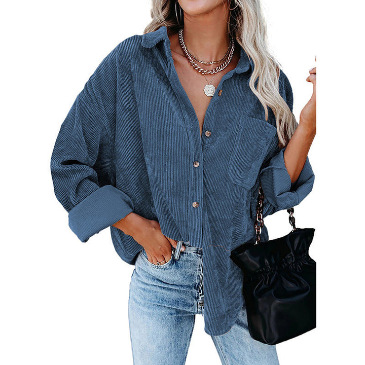 Anne-Loose Fit Button-Front Corduroy Shirt with Pockets