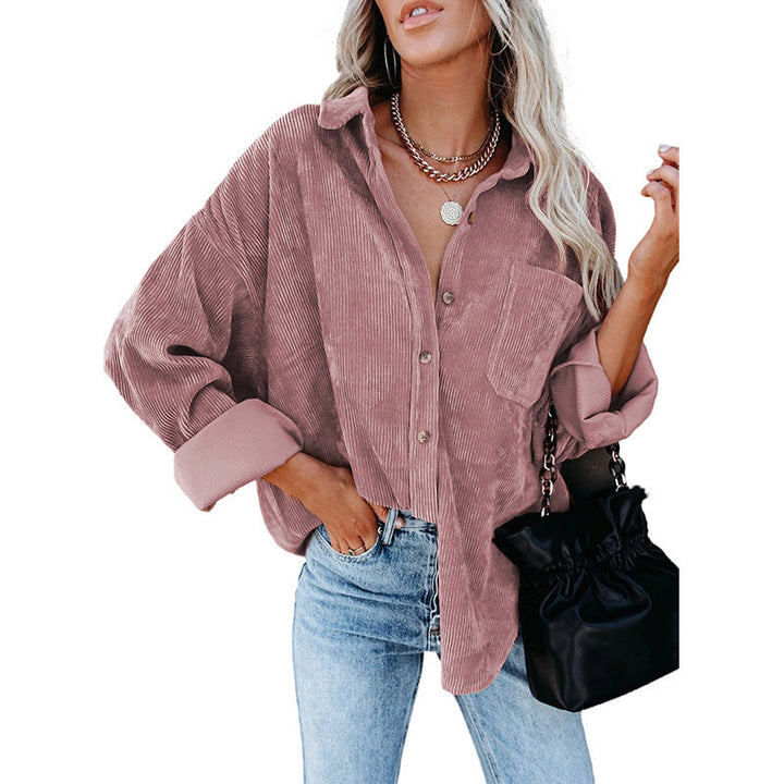 Anne-Loose Fit Button-Front Corduroy Shirt with Pockets