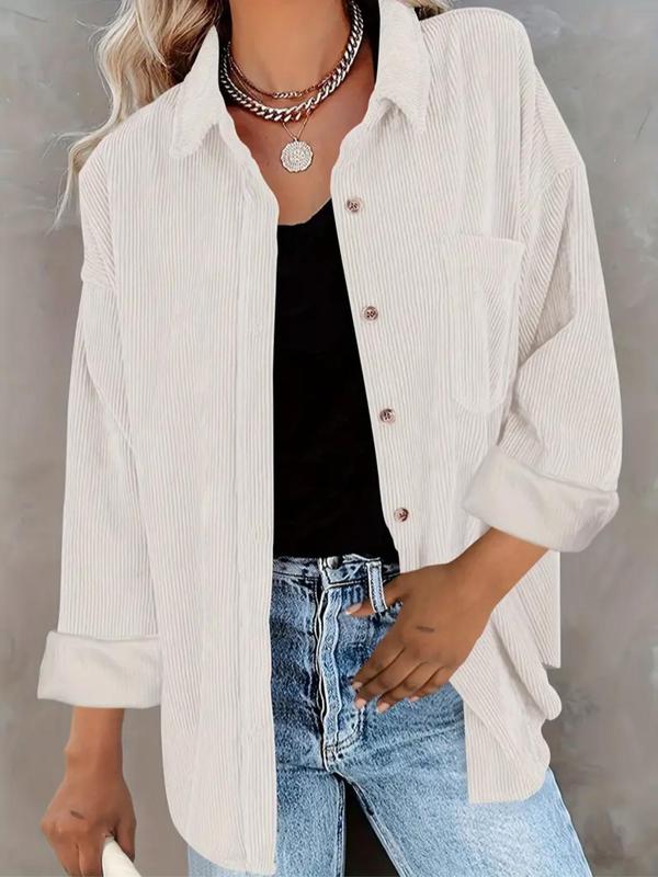 Anne-Loose Fit Button-Front Corduroy Shirt with Pockets