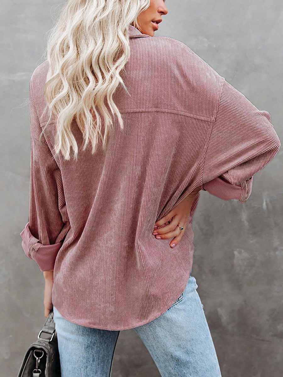 Anne-Loose Fit Button-Front Corduroy Shirt with Pockets